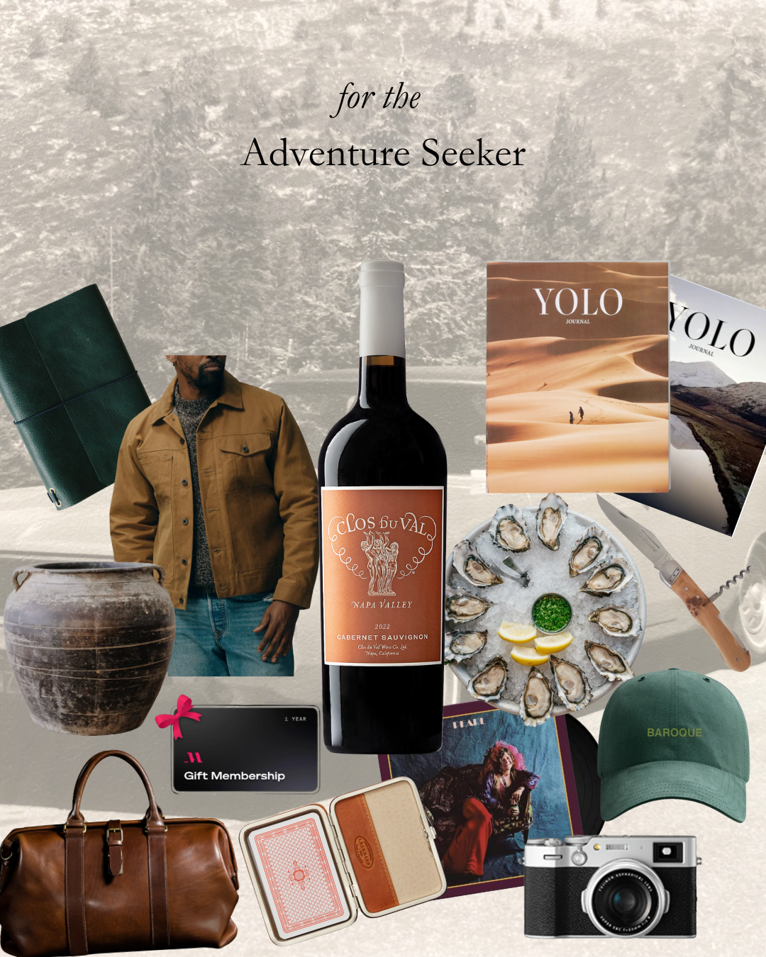 Collage of items for the adventure seeker including a wine bottle, camera, and travel bag.