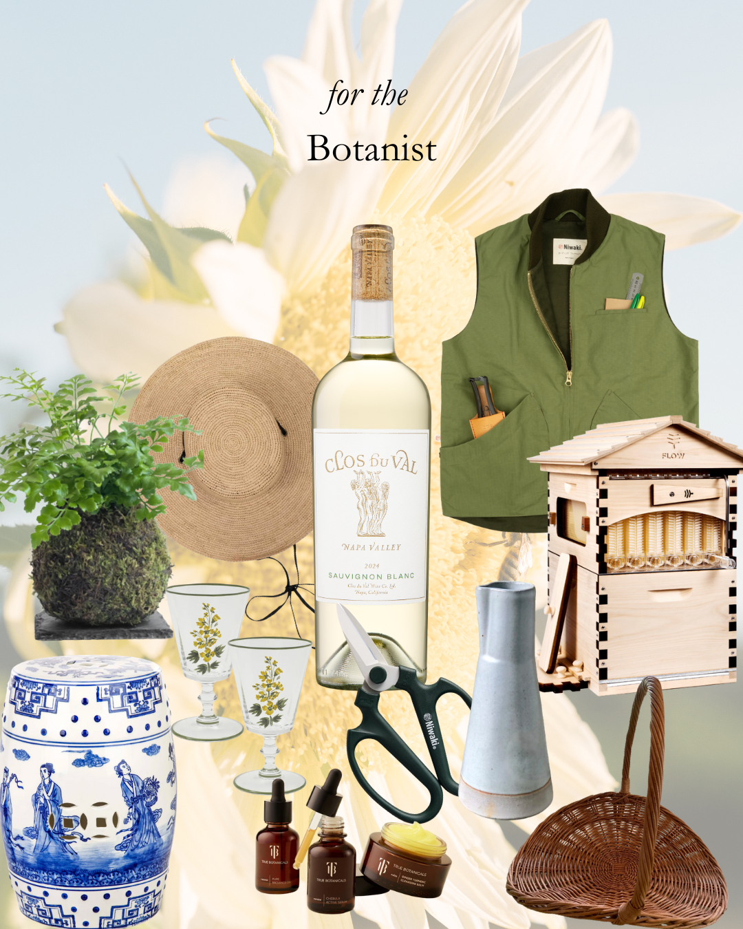Collage of items for a botanist including a bottle of Château Pichon, plants, and gardening tools.