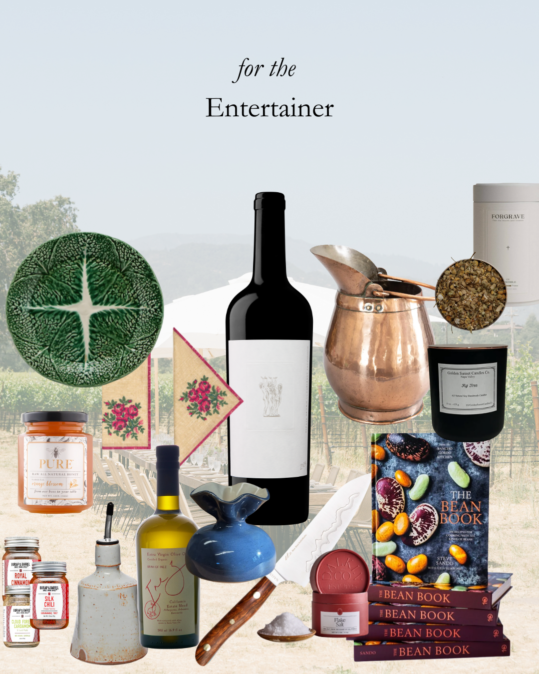 Collage of items for the entertainer including wine bottles, books, and kitchenware.