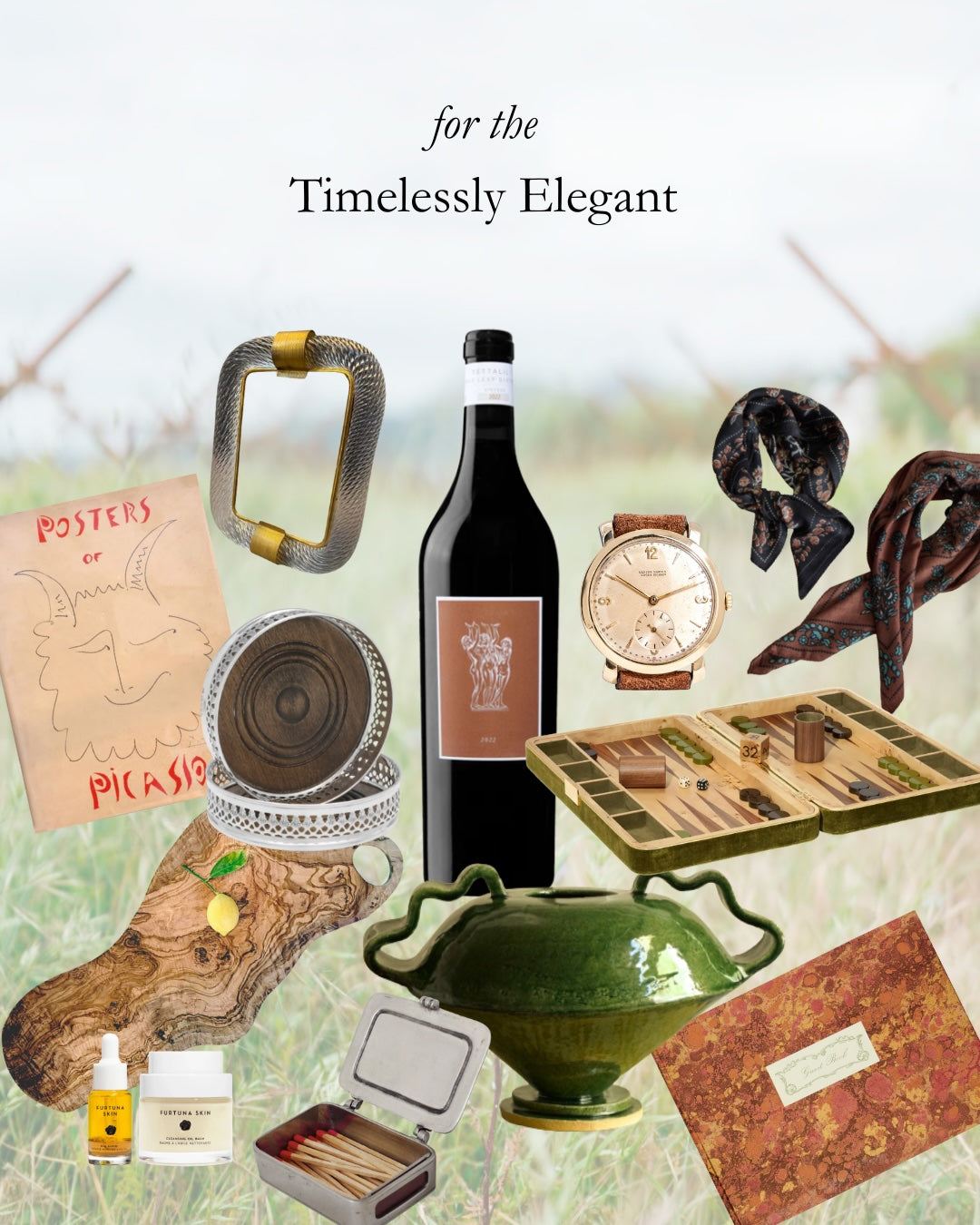 Collage of various gifts curated for the timelessly elegant recipient. Gifts include a bottle of excellent wine, vintage household items and handcrafted goods. 